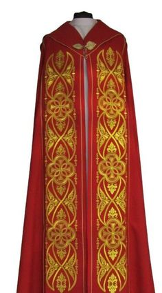 Embroidered IHS cope - liturgical colors Cope with embroidered stripes. A stole included. Length 150 cm / 59.1 inches Red color. Smooth material. It is possible to sew in any liturgical color (purple, green, red, white, ecru). Red Embroidered Chasuble For Church, Traditional Red Chasuble For Ceremonial Use, Priest Stole, Liturgical Colours, Embroidered Belt, Christmas Pattern, Red Color, Clothing Items, Violet