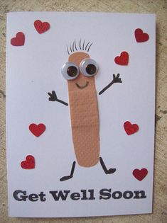 a handmade card with an image of a hot dog on it and the words get well soon