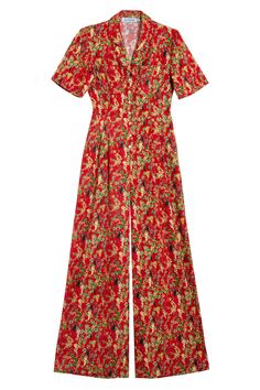 Short sleeve wide-leg jumpsuit with lapel collar neckline. Soft pleats at the waist with button front closure. Chest patch and side seam pockets. Original 'House Red' grapevine print by artist Jemma Coffey. Fabric is 100% Cotton. Ella is 6' tall, 35" bust, 26" waist, 36" hip, and is wearing a size 4. Rachel Antonoff, Winter Ideas, Cotton Romper, Fashion Lookbook, Bottom Clothes, Wide Leg Jumpsuit, Lapel Collar, Festival Fashion, Fashion Lifestyle