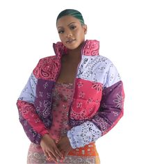 Purple Bandana Crop Puffer Jacket Sale From My Boutique Trendy Cotton Puffer Jacket For Winter, Trendy Winter Cotton Puffer Jacket, Trendy Cotton Puffer Jacket, Trendy Patchwork Outerwear For Spring, Fall Patchwork Long Sleeve Puffer Jacket, Casual Patchwork Quilted Jacket For Winter, Casual Winter Quilted Jacket With Patchwork, Winter Casual Patchwork Quilted Jacket, Purple Patchwork Outerwear For Streetwear