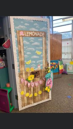 a classroom door decorated with lemonade decorations