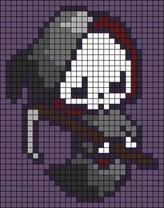 a pixellated image of a skeleton holding a pickle with an evil face on it