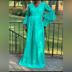 New Without Tags Handmade Green Lace Dentelle Bell Sleeve Maxi Dress Size M/L Bust 40” Waist 34” Sleeve Length 21” Length 62” Zipper Closure Fully Lined Poly/Cotton Handmade Green Lace Maxi Dress With Lace Trim, Green Lace Vacation Dress, Green Lace Dress For Vacation, Green Lace Maxi Dress, Teal Dresses, Ruffle Bell Sleeve, Teal Dress, Dresses Ideas, Sleeve Maxi Dress