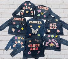 Adorable personalized jean jacket for girls! Choose to add a name/phrase only or add the cute kid shape patches such as a rainbow, unicorn, and many more! This cute custom denim jacket is a medium wash and perfect for fall and spring! Makes a great birthday gift or Christmas gift for a little girl. Patches are sewn on. No more peeling patches after 2 or 3 uses! You won't see that with the competition! 2 design options 1. Name only 2. Name and kid shape patches (up to 5 included in cost) ❤️ Available in sizes 2T, 3T, 4T, 4/5, 6/6x, 7-8, 10-12, and 14-16 ❤️ Choose chenille letters in white, blue, pink, purple or a variety of colors! ❤️ Price includes either premium sequin patches or chenille (gold border) patches ❤️ Patch sizes vary. Many of the premium sequin patches are fairly large. Typic Customizable Cute Denim Jacket, Customizable Cute Cotton Outerwear, Cute Customizable Cotton Outerwear, Customizable Cute Fall Outerwear, Trendy Customizable Long Sleeve Denim Jacket, Cute Fitted Denim Jacket, Cute Fall Outerwear, Girl Patches, Toddler Coat