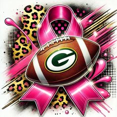 a football with a pink ribbon and leopard print on the side is featured in this image