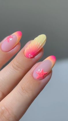 🌤️💕🫧 sweet like pink lemonade on the beach 🏖️ #nails #nailart #summernails #naildesign Pink Lemonade Nails, Yellow Pink Nails, Pink Vacation Nails, Pink Beach Nails, Pink And Yellow Nails, Yellow And Pink Nails, Best Summer Nail Color, Sunset Nails, Matte Nails Design