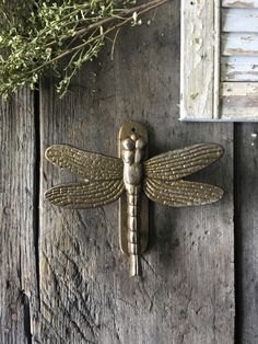 a brass dragonfly door knocker on an old wooden door