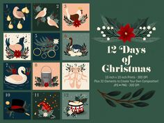 twelve days of christmas cards with flowers and birds