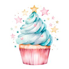 a cupcake with blue frosting and stars on it's top, in front of a white background