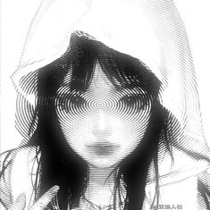 a woman with long hair wearing a white hat and hood over her head is shown in black and white