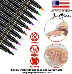 six different types of water based pens with instructions on how to use them in the bathroom