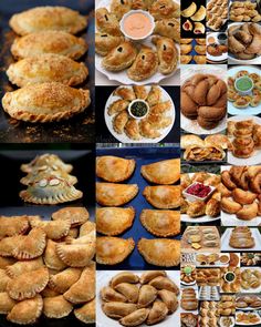 there are many different types of pastries in this collage, including pies