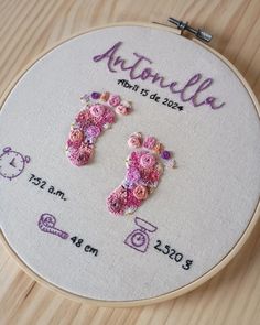 two pink teddy bears are on the embroidery