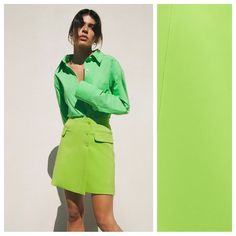 Nwt. Zara Neon Green Mini Skirt With Pockets, Front Wrap Button Closure, False Flap Pockets, Fully Lined. Size Xs. Ref. 2403/707. Waist 12,5" Flat, Length 16". 1074 Neon Green Skirt, Green Skirt Outfits, Yellow Mini Skirt, Drop Waist Skirt, Zara Tweed, Mini Pleated Skirt, Black Skort, Green Mini Skirt, Black Denim Skirt