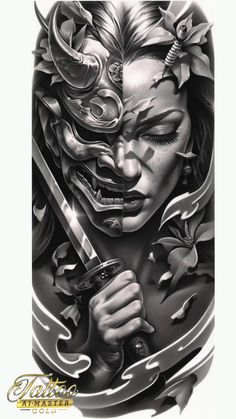 Oni Mask Tattoo Sleeve, Chest Tattoo Outline, Japanese Girl Tattoo, Samurai Drawing, Oni Mask Tattoo, Hannya Mask Tattoo, Wolf Tattoo Sleeve