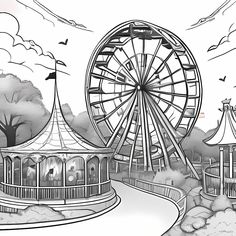 a black and white drawing of a ferris wheel at an amusement park with trees, birds flying around