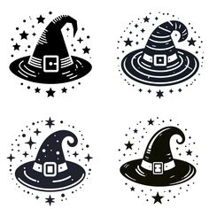 four witches hats with stars in the background