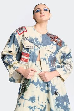 Blue cloud wash denim jacket with fish embroidered satin patches and funky patches. - Aza Fashions Fish Patchwork, Circular Skirt, Tarun Tahiliani, Patchwork Jacket, Luxury Sale, Blue Clouds, Jacket For Women, Embroidered Jacket, Colored Denim