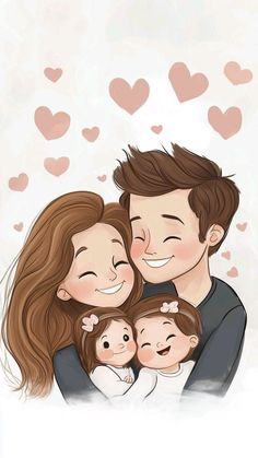 a man and woman are holding their baby while smiling at the camera with hearts above them