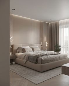 a large bed sitting in the middle of a bedroom next to a tall white wall