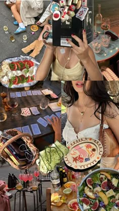 the woman is holding up her cell phone in front of some plates and bowls with food on them