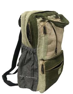 a backpack with two zippers on the front and one in grey, white and green