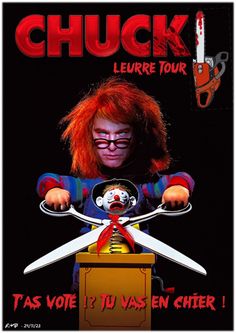 the poster for chuck from it's movie, which features clowns holding scissors