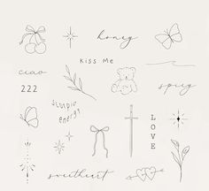 a drawing of flowers, hearts, and crosses on a white background with the words kiss me written in cursive writing