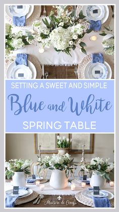 blue and white dining table setting with flowers