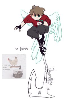 a drawing of an angel sitting on top of a boot with the caption he perch