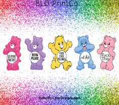 four different colored teddy bears with the words bld printo on them in white and pink