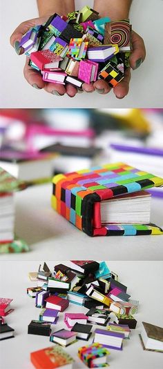 there are many different pictures of colorful objects in this photo, and one is holding a book