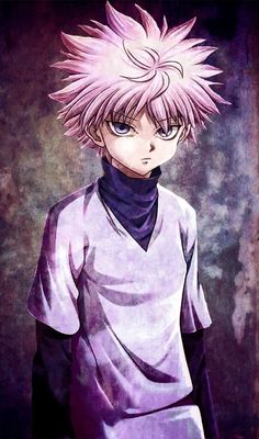 an anime character with pink hair and blue eyes wearing a purple shirt, standing in front of