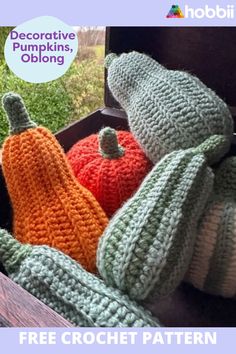 crocheted pumpkins and gourds in a box with text overlay that reads, decorative pumpkins, oblong free crochet pattern