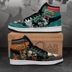 Bakugou And Deku Sneakers Mha Anime Air Jordan Shoes Lightweight construction with breathable mesh fabric provides a comfortable and flawless fit. Mha Shoes, Bakugou And Deku, Bakugo And Deku, Statement Highlights, Academia Shoes, My Hero Academia Anime, Air Jordan 1s, Snk Cosplay, Hightop Sneakers