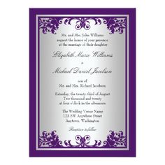 an elegant purple and silver wedding card