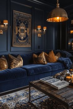 a living room filled with blue couches and pillows