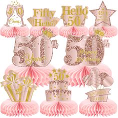 pink and gold 50th birthday decorations on top of each other, with the number fifty