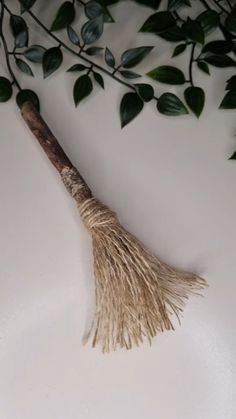 a broom sitting on top of a white table next to green leafy branches and leaves