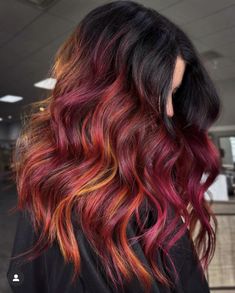 Black With Vivid Colors Hair, Holiday Hair Color Christmas, Fall Vivid Hair Color, Purple And Red Hair, Vivid Balayage, Holiday Hair Color, Sunset Hair, Hair Idea