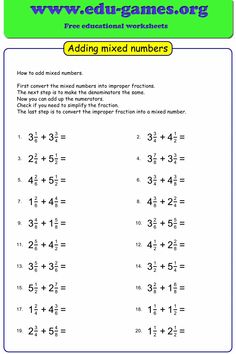 the addition worksheet for adding mixed numbers to two digit numbers is shown in this image