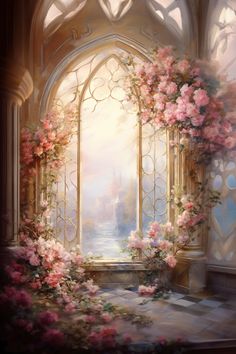 an image of a beautiful window with flowers on the outside and in the inside, looking out