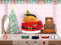 an animated christmas scene with clothes, hats and other items on a table in front of a mirror