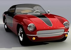 a red sports car with black stripes on the hood is shown in this 3d image