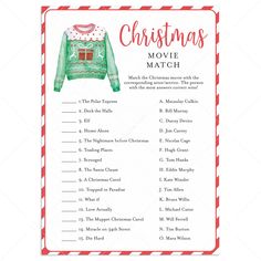 the christmas movie match game is shown in red and green with an ugly sweater on it