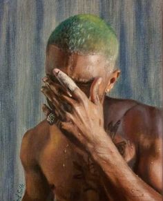 a painting of a man with green hair holding his face in front of his hands