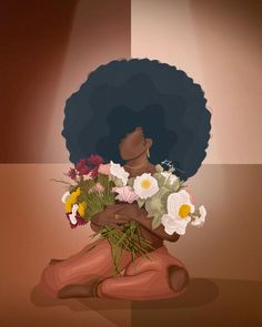 a woman with an afro holding flowers in her lap and sitting on the ground next to a wall