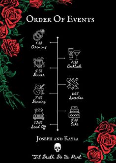 the order of events is shown with roses and skulls on black background, as well as red