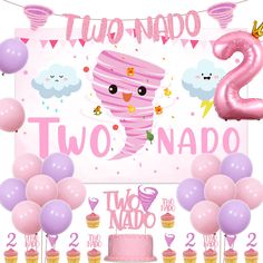 two nabo birthday party decorations including balloons, cake and cupcakes on a white background