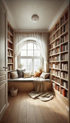 a window seat in front of a book shelf filled with books